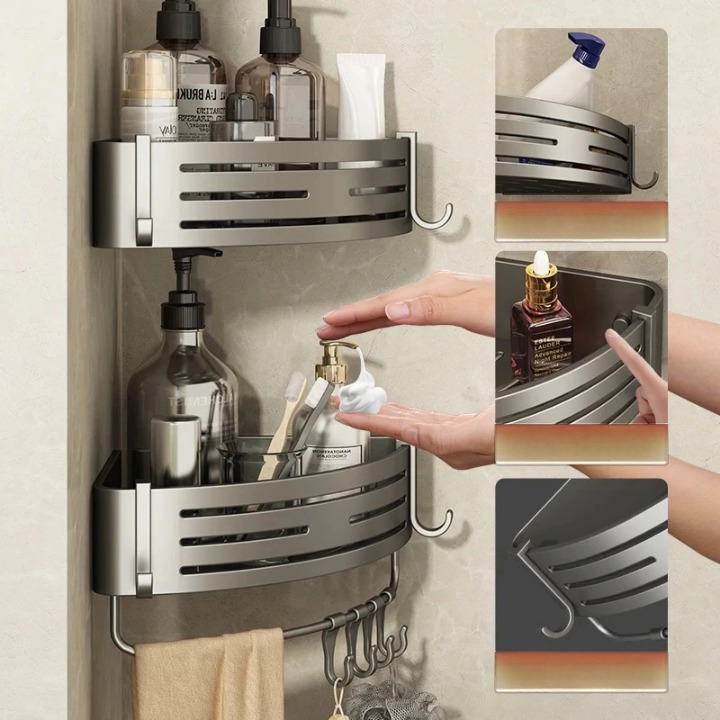 Shower Corner Shelf Set Drill-Free Aluminum Slatted Adjustable Shelves
