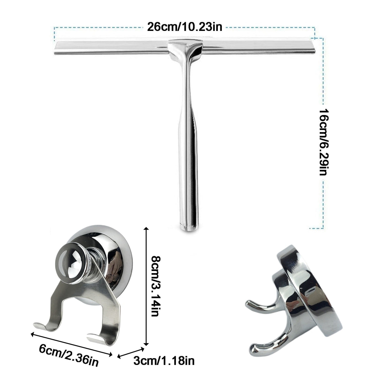 Shower Squeegee Stainless Steel Rubber Blade & Suction Hook