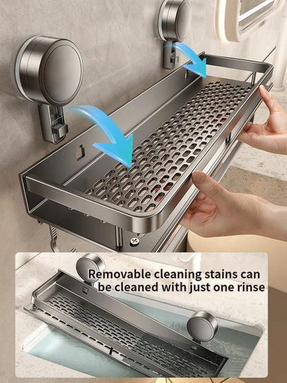 Shower Wall Shelf Drill-Free Suction Mount Aluminum Slatted Hooks
