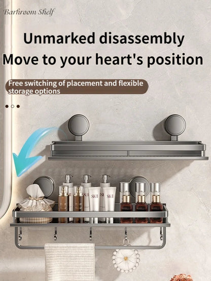 Shower Wall Shelf Drill-Free Suction Mount Aluminum Slatted Hooks