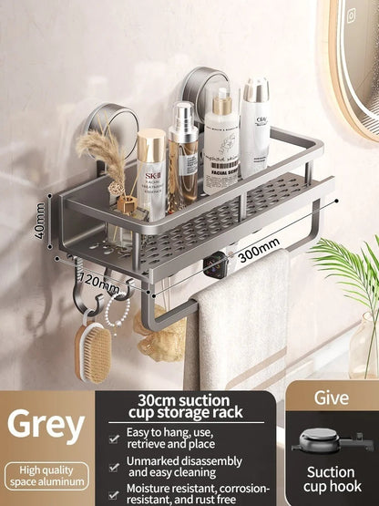Shower Wall Shelf Drill-Free Suction Mount Aluminum Slatted Hooks