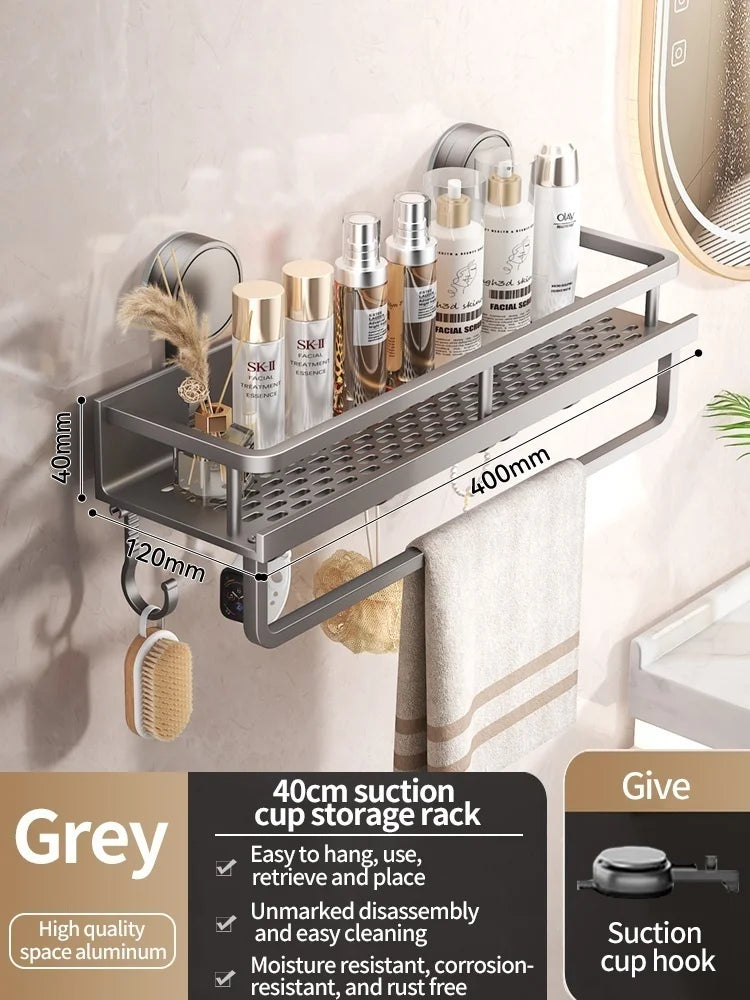 Shower Wall Shelf Drill-Free Suction Mount Aluminum Slatted Hooks