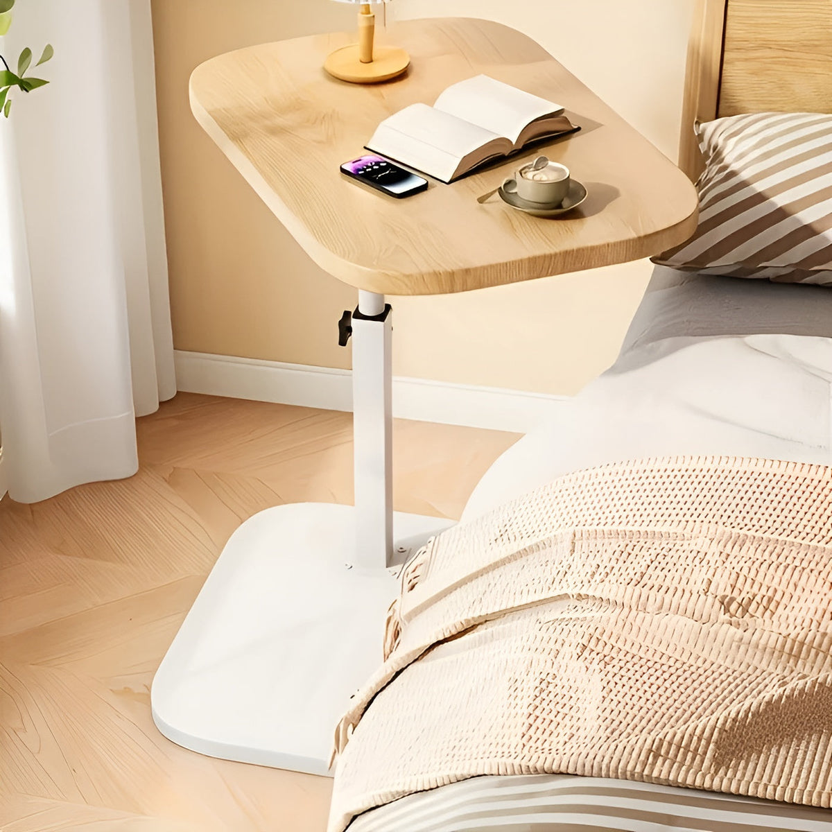 Side Table Height-Adjustable Wood Top & Metal Frame