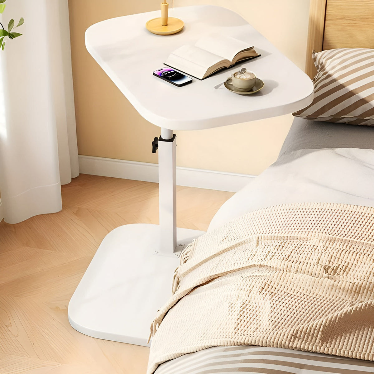 Side Table Height-Adjustable Wood Top & Metal Frame