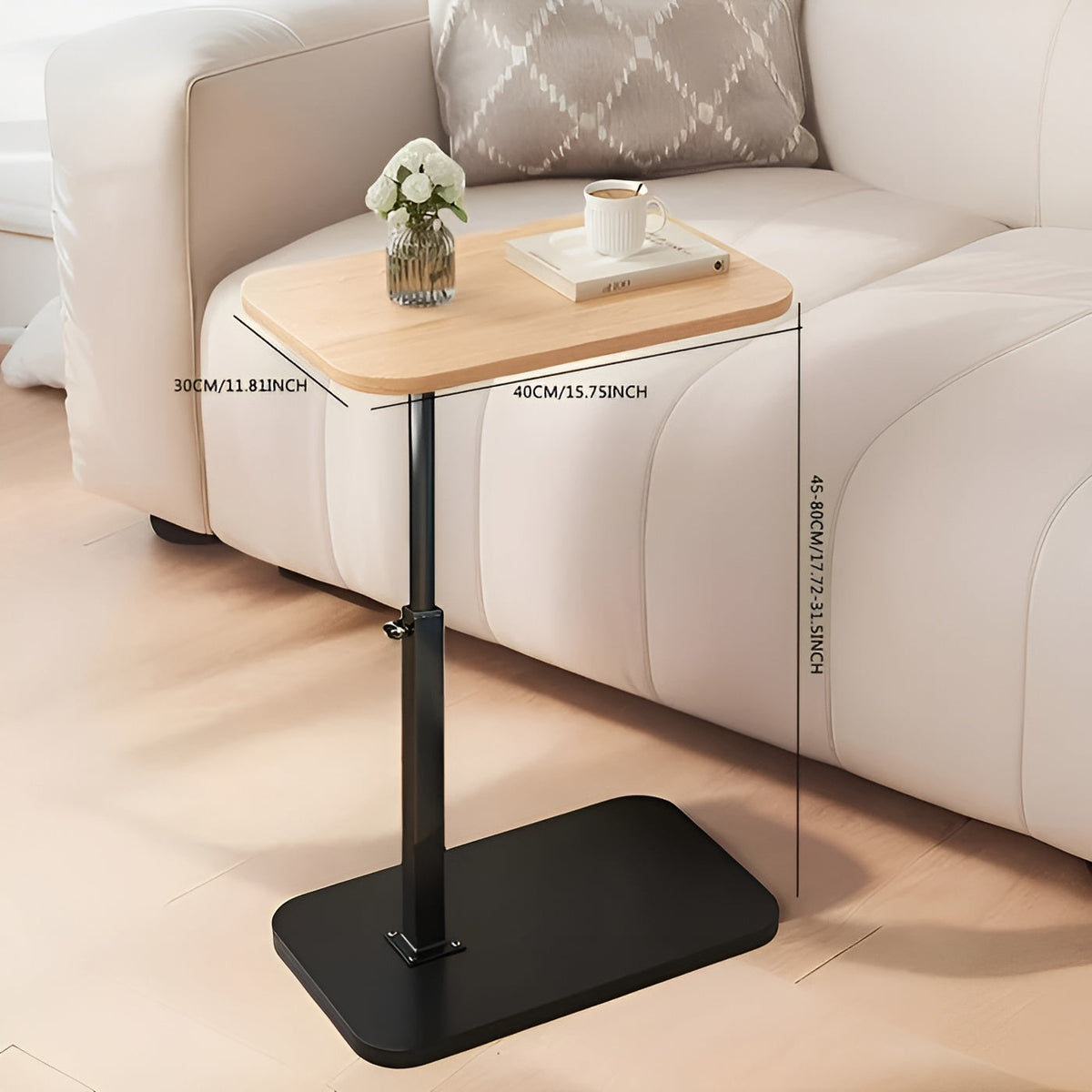 Side Table Height-Adjustable Wood Top & Metal Frame