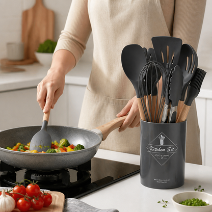 Silicone-Head Wood-Handled Kitchen Utensil Set (12-Piece)