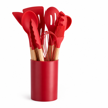 Silicone-Head Wood-Handled Kitchen Utensil Set (12-Piece)