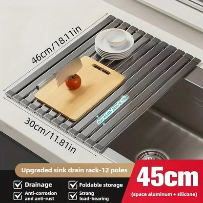 Sink Drain Rack Rollable Heat-Resistant Aluminum & Silicone