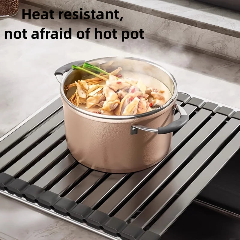 Sink Drain Rack Rollable Heat-Resistant Aluminum & Silicone