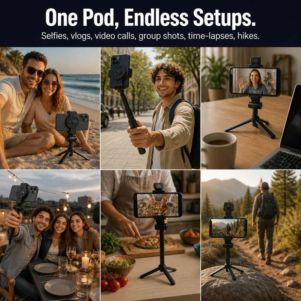 Smartphone Tripod Magnetic Mount Four-Leg Stability Bluetooth Remote