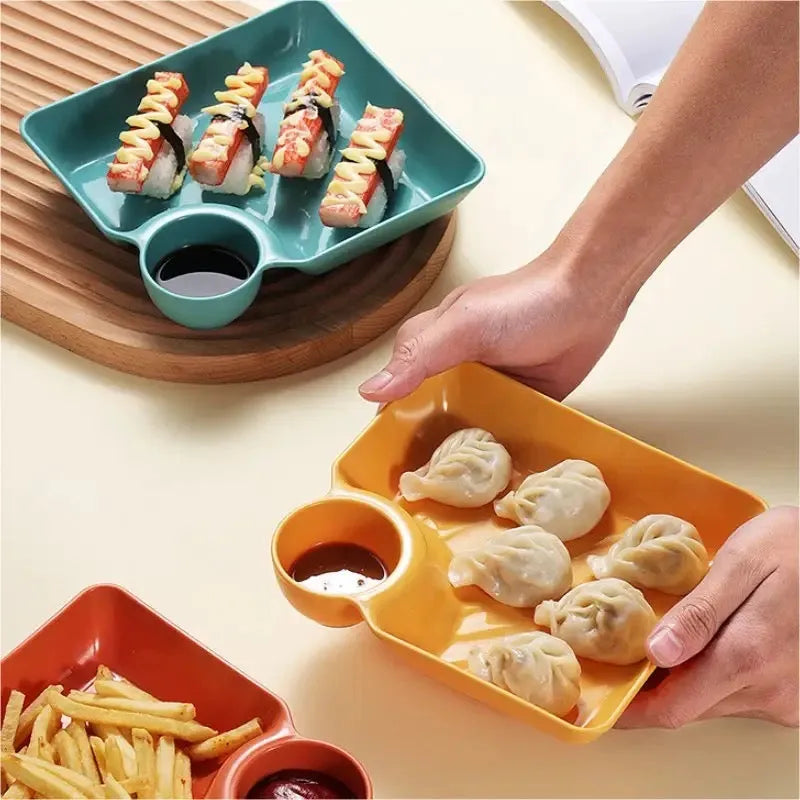 Snack Serving Plate Integrated Sauce Compartment Stackable Non-Toxic Plastic