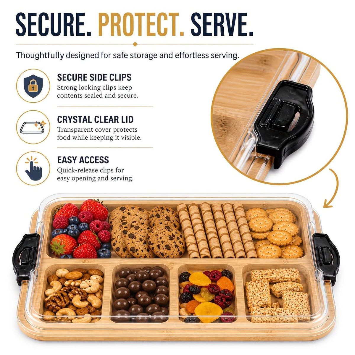 Snack Tray Bamboo Divided Clear Lid & Locking Clips