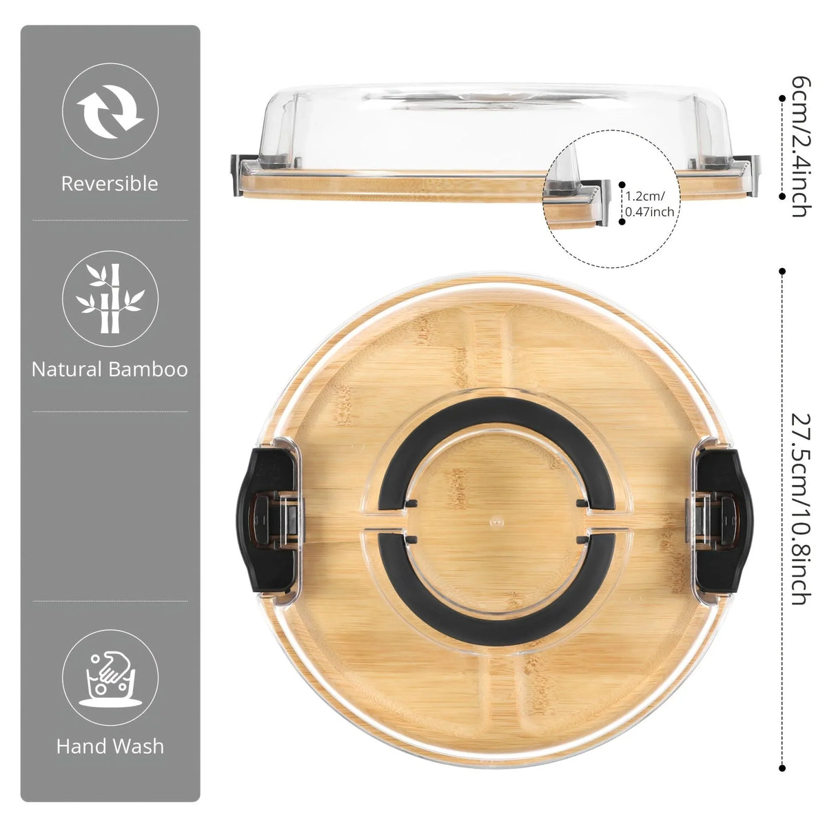 Snack Tray Bamboo Divided Clear Lid & Locking Clips