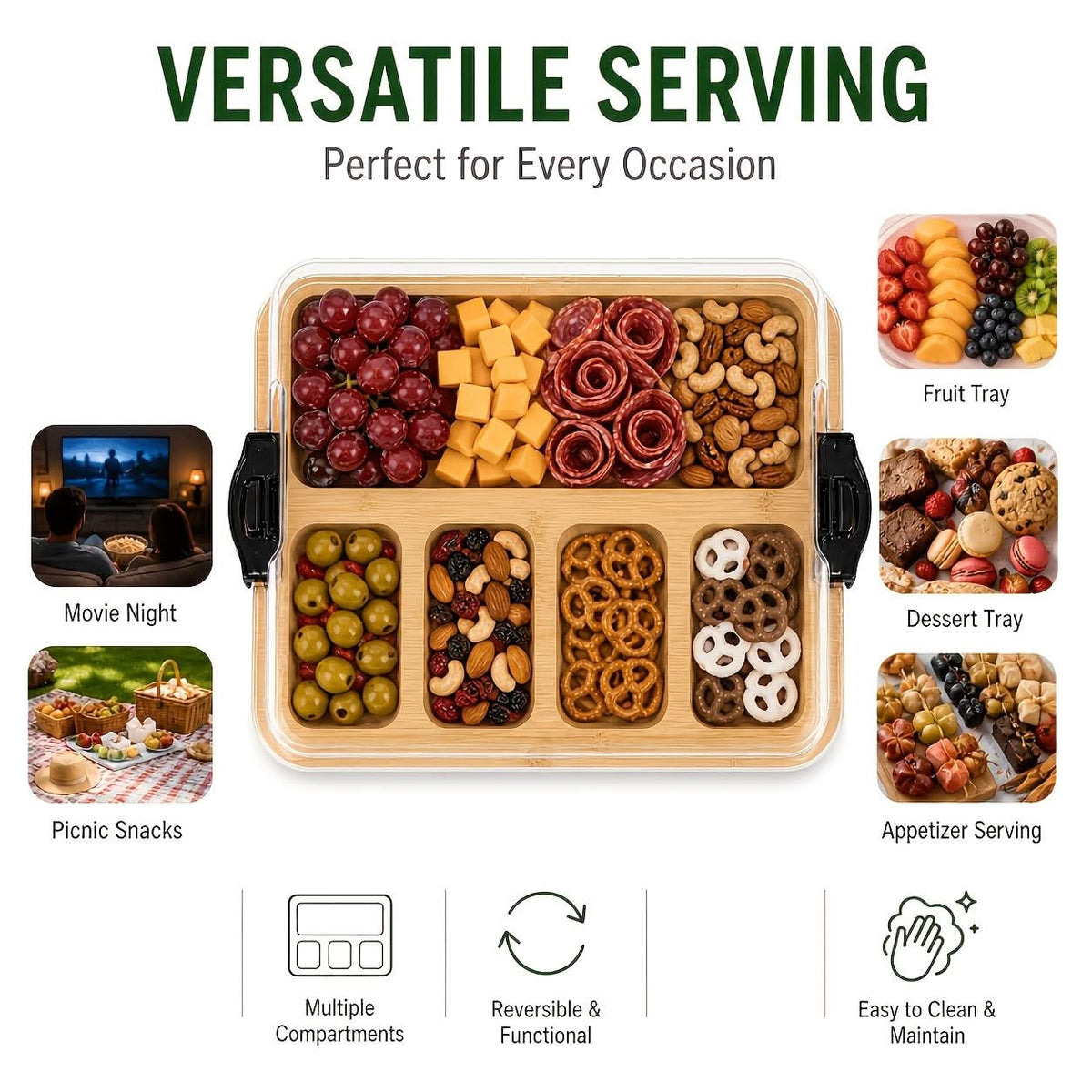 Snack Tray Bamboo Divided Clear Lid & Locking Clips