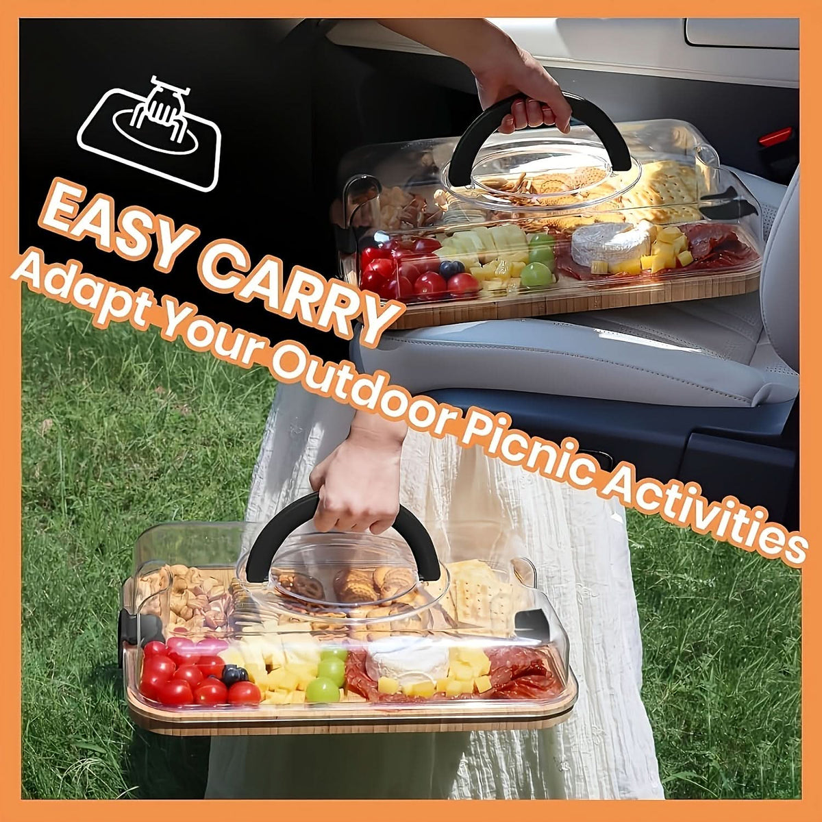 Snack Tray Bamboo Divided Clear Lid & Locking Clips