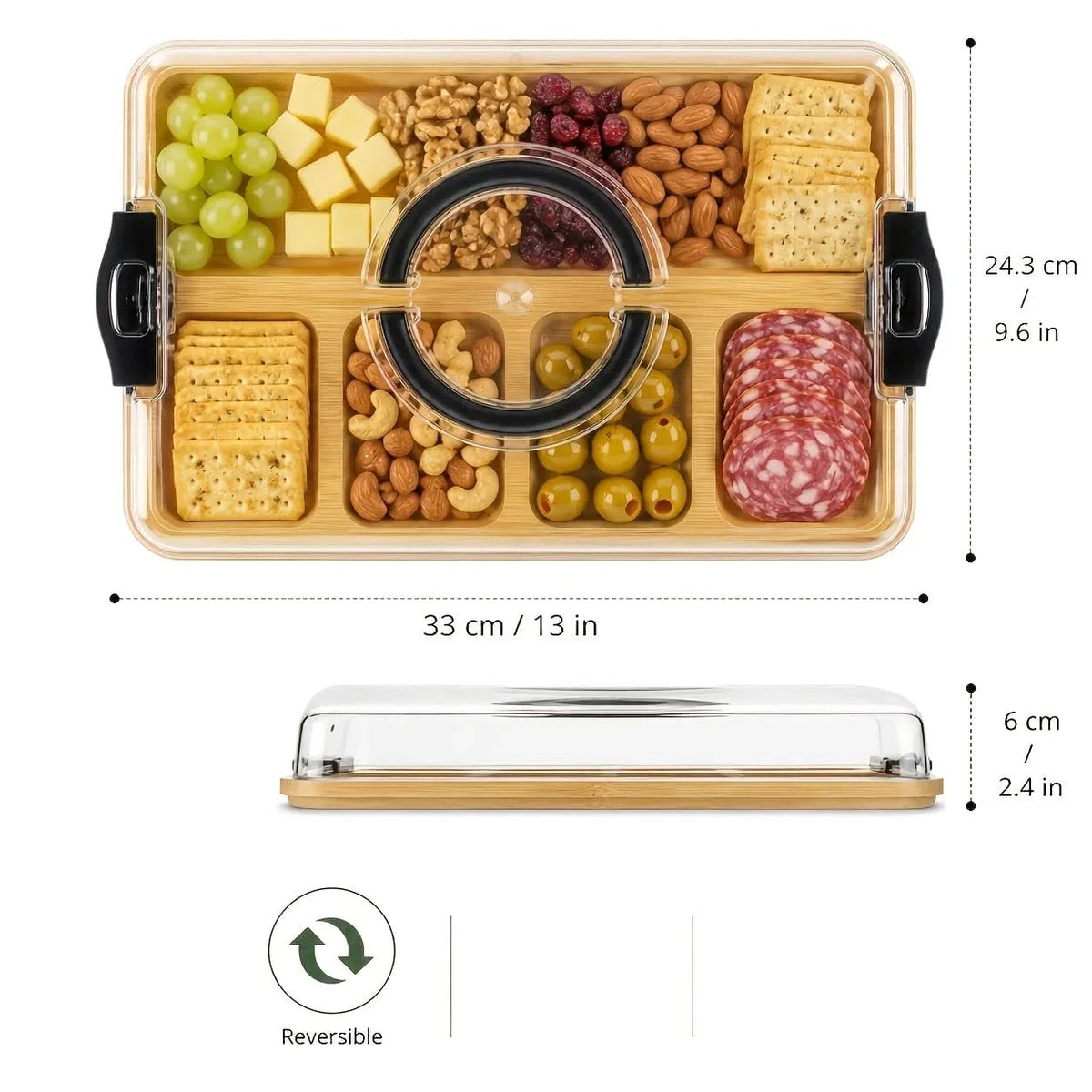 Snack Tray Bamboo Divided Clear Lid & Locking Clips