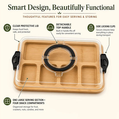 Snack Tray Bamboo Divided Clear Lid & Locking Clips