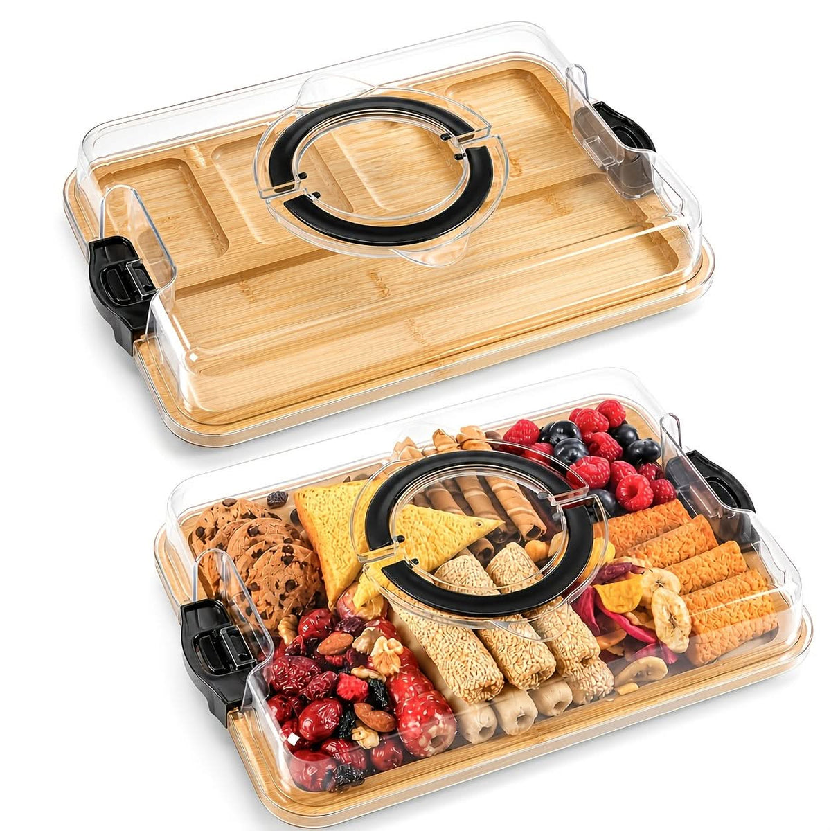 Snack Tray Bamboo Divided Clear Lid & Locking Clips