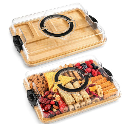 Snack Tray Bamboo Divided Clear Lid & Locking Clips