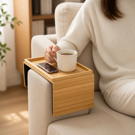 Sofa Armrest Tray Flexible Bamboo Fit Raised Edge