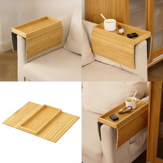 Sofa Armrest Tray Flexible Fit Raised Edge Bamboo