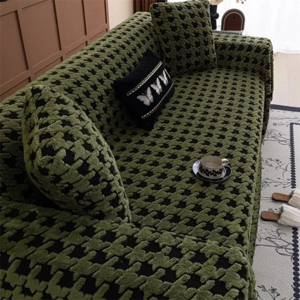 Sofa Cover Plush Microfiber Non-Slip Houndstooth