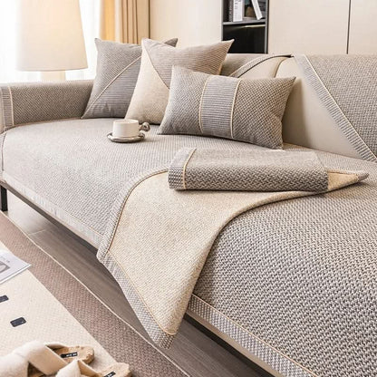 Sofa Cover Quilted Cotton-Linen Non-Slip Backing
