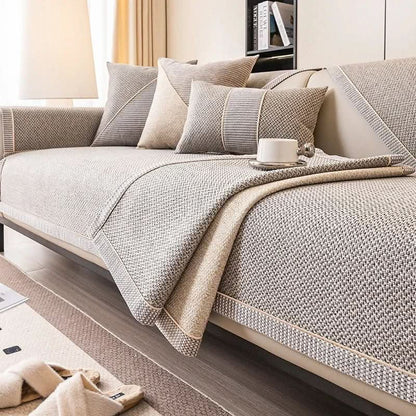 Sofa Cover Quilted Cotton-Linen Non-Slip Backing