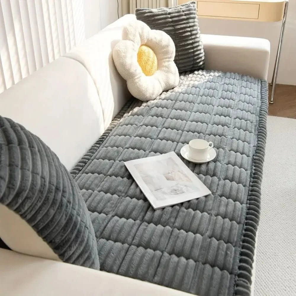 Sofa Seat Cover Quilted Faux-Fur & Non-Slip Backing