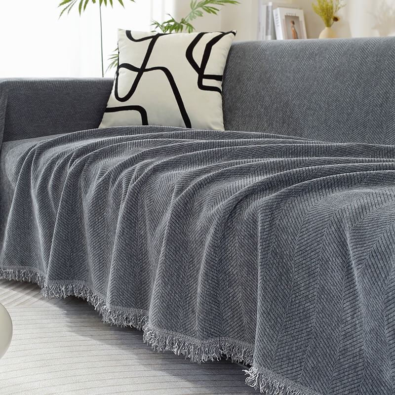 Sofa Throw Chenille Herringbone Machine Washable & Fringed Edges