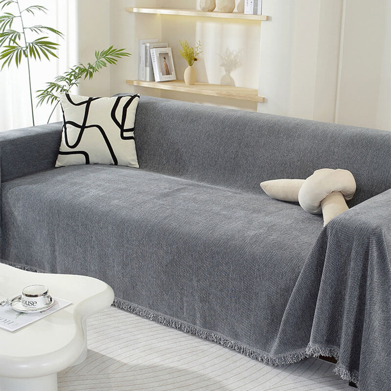 Sofa Throw Chenille Herringbone Machine Washable & Fringed Edges