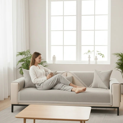 Sofa Throw Cover Cotton-Linen Quilted Non-Slip Backing