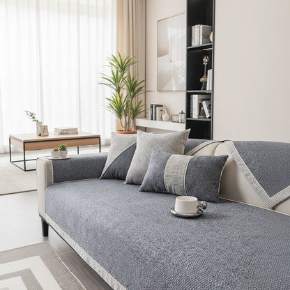 Sofa Throw Cover Cotton-Linen Quilted Non-Slip Backing