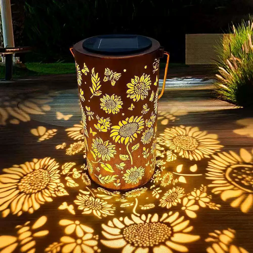 Solar Garden Lantern Flower & Butterfly Projection Weatherproof Metal