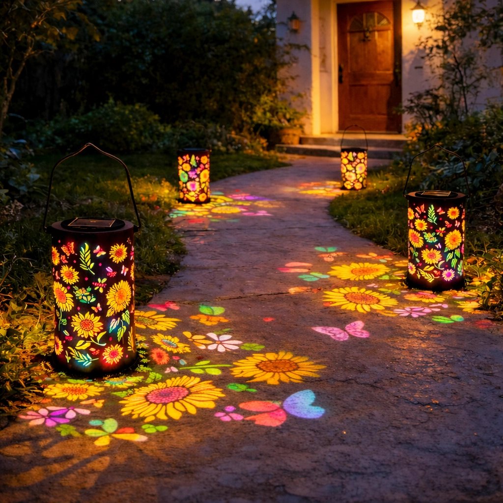 Solar Garden Lantern Flower & Butterfly Projection Weatherproof Metal