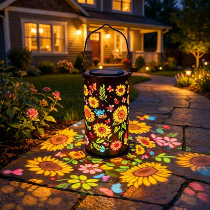 Solar Garden Lantern Flower & Butterfly Projection Weatherproof Metal