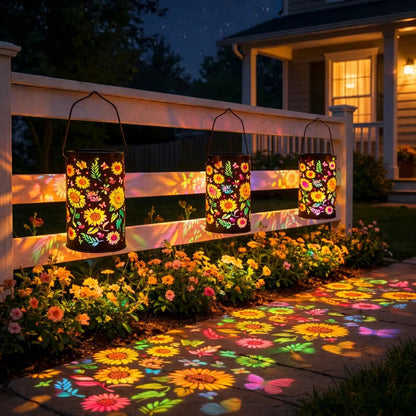 Solar Garden Lantern Flower & Butterfly Projection Weatherproof Metal