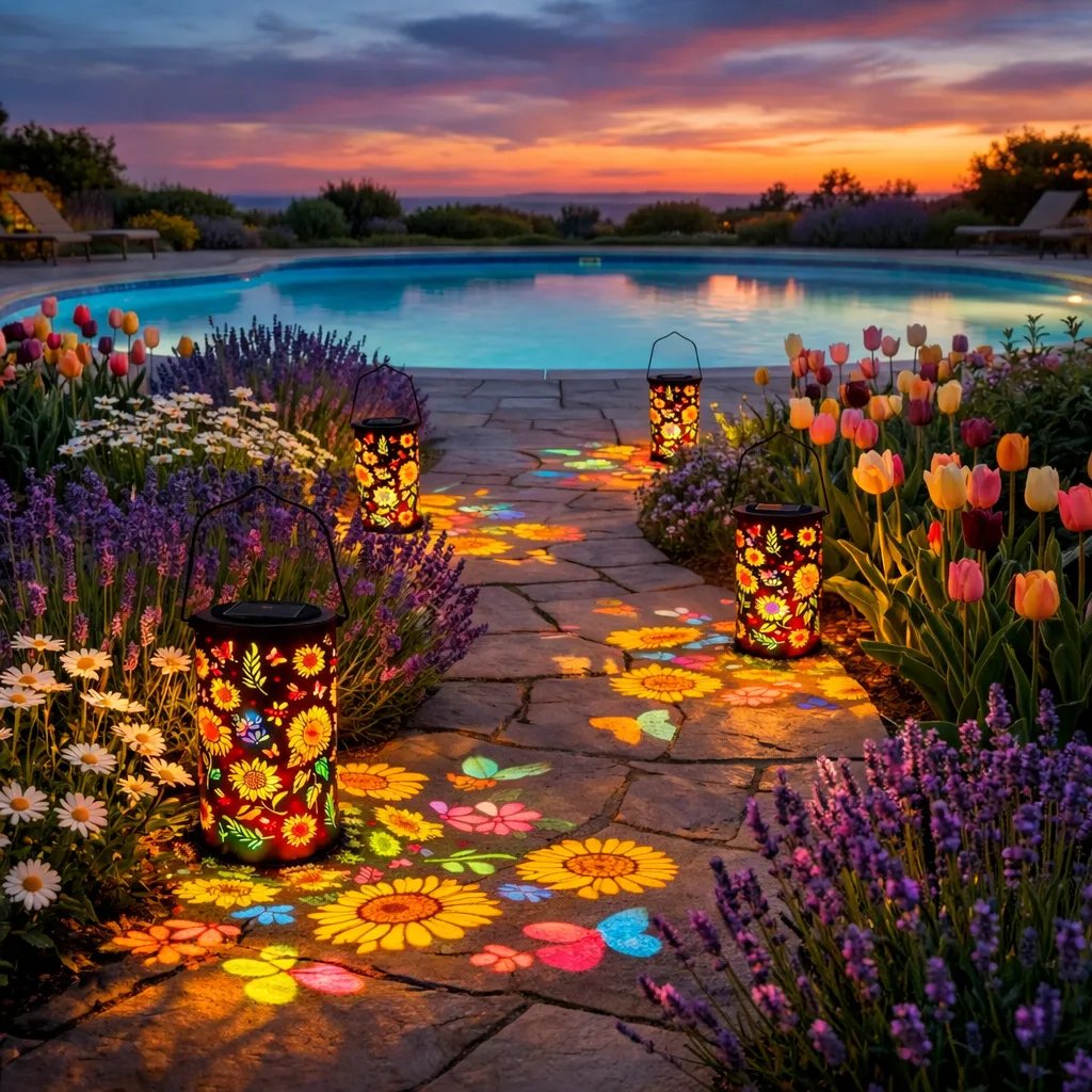 Solar Garden Lantern Flower & Butterfly Projection Weatherproof Metal