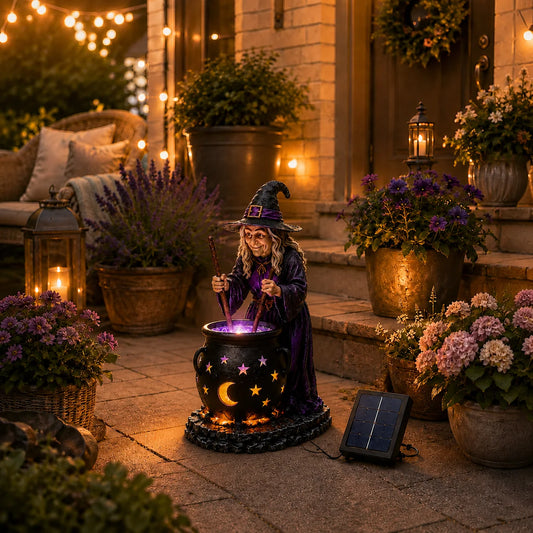 Solar Garden Light Witch Cauldron Resin Dusk Sensor