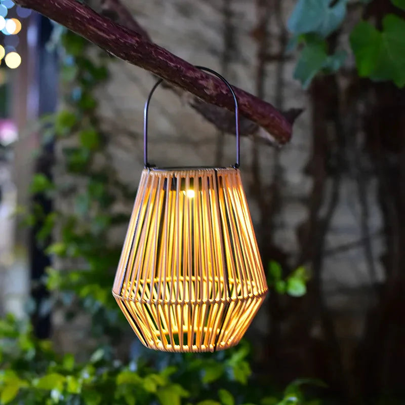 Solar Lantern Rattan Warm White Dusk Sensor