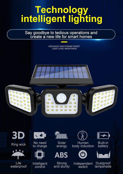 Solar Security Light Motion-Activated Three Adjustable Spotlights IP66 Weather-Resistant