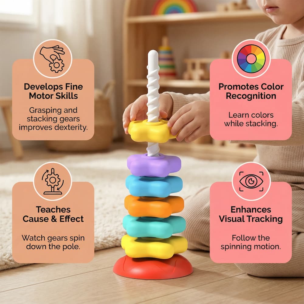 Stacking Tower Spiral Slide 6 Color Discs Smooth Plastic