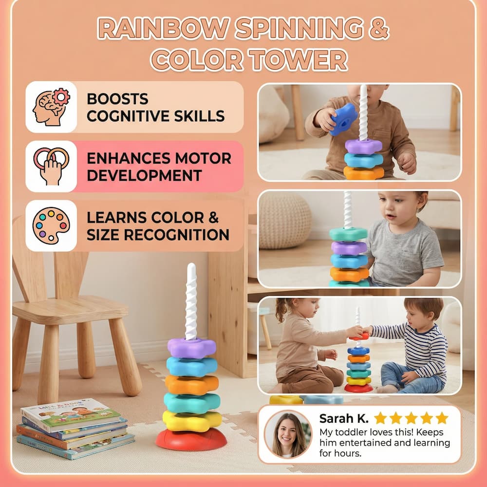 Stacking Tower Spiral Slide 6 Color Discs Smooth Plastic