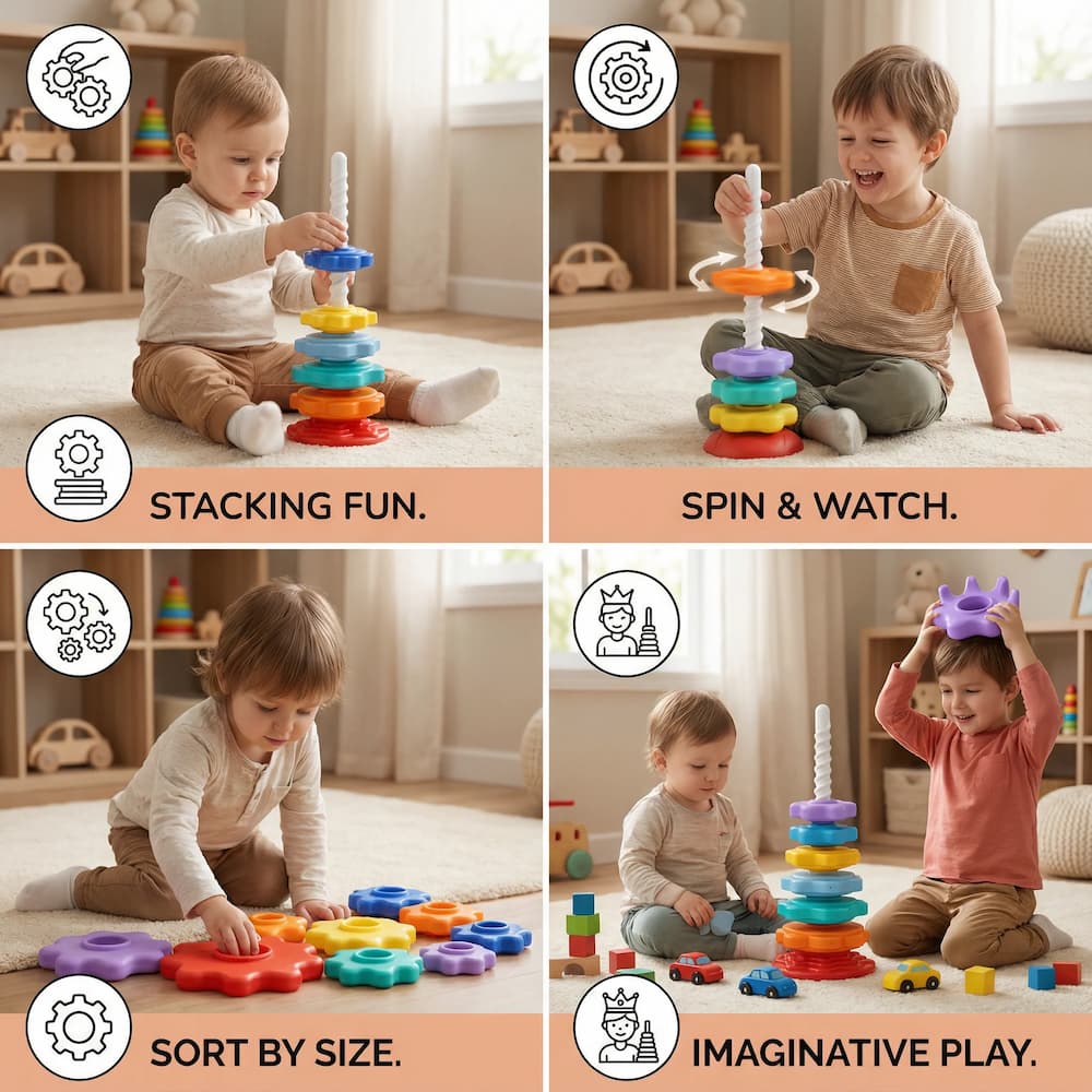 Stacking Tower Spiral Slide 6 Color Discs Smooth Plastic