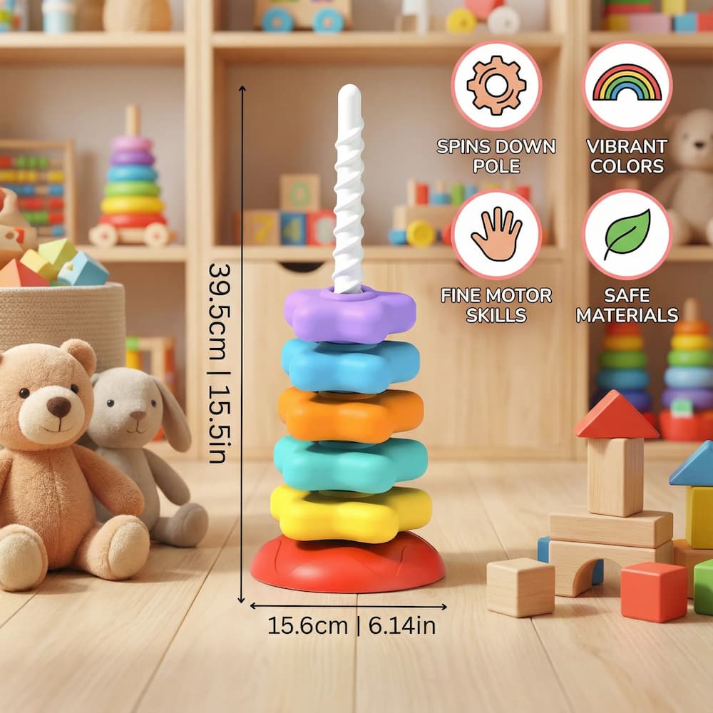Stacking Tower Spiral Slide 6 Color Discs Smooth Plastic
