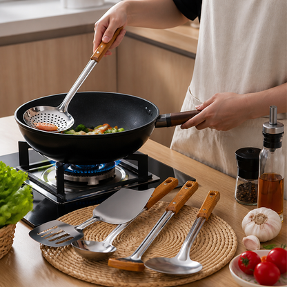 Stainless Steel Head Kitchen Utensil (Wooden Handle with Hanging Loop)