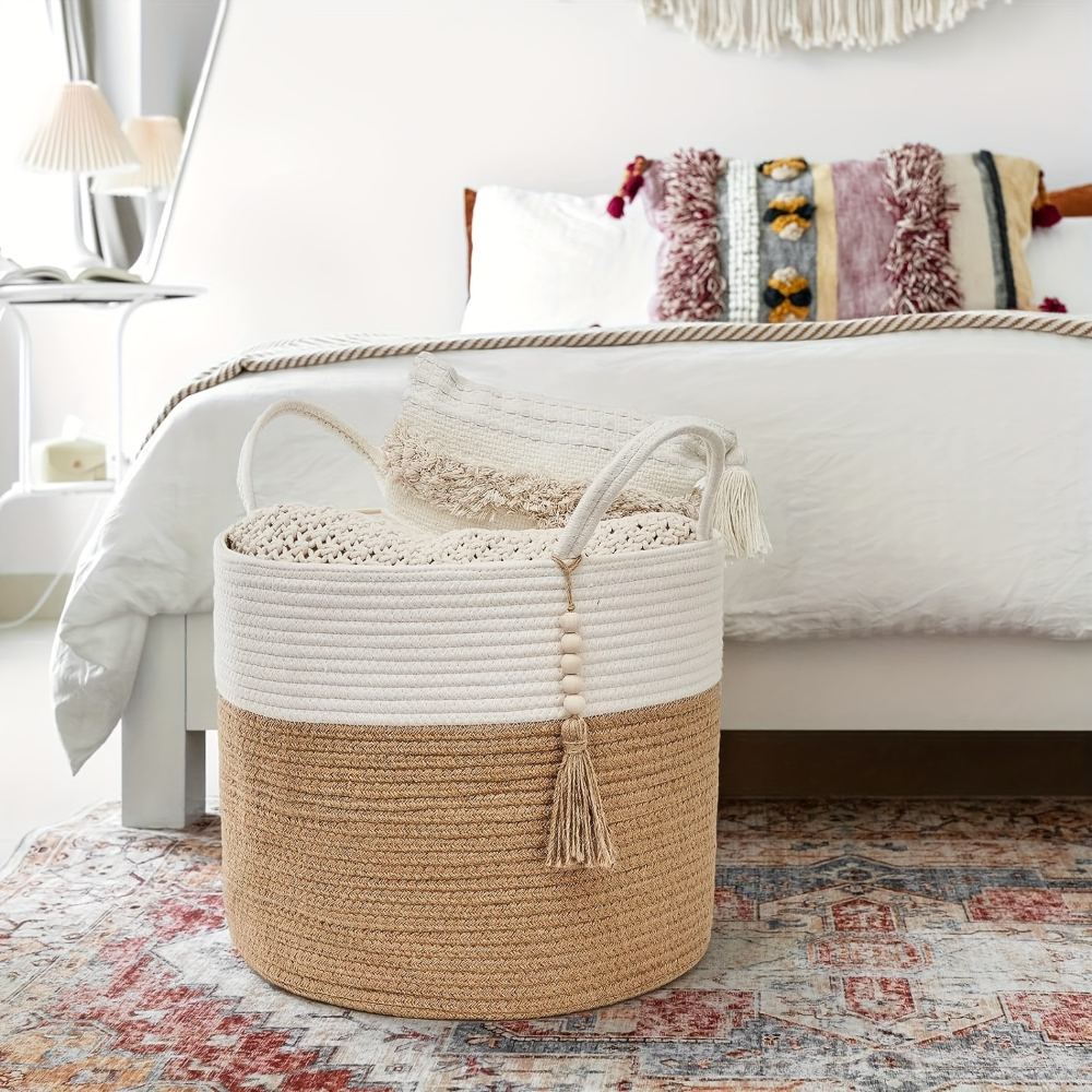Storage Basket Cotton Macrame Foldable Rope Handles