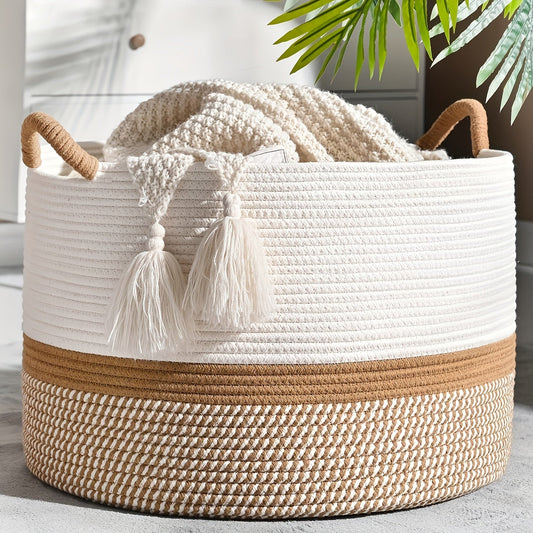 Storage Basket Cotton Rope Handles Cream & Brown Stripes