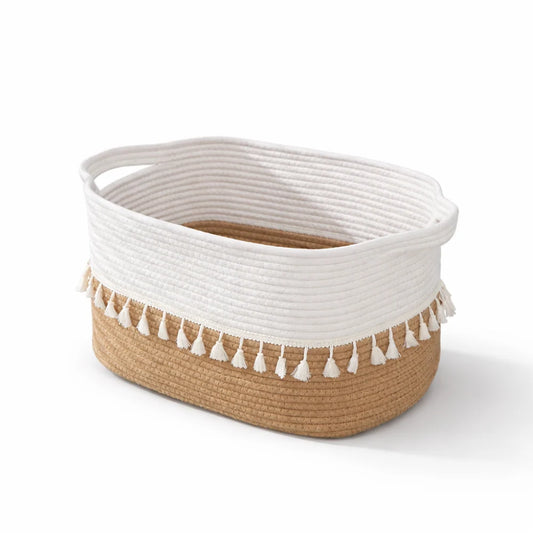 Storage Basket Handwoven Cotton Handles & Tassel Trim