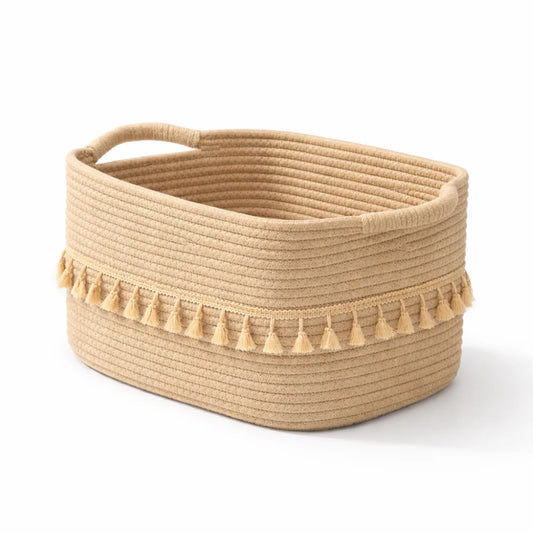 Storage Basket Handwoven Cotton Handles & Tassel Trim